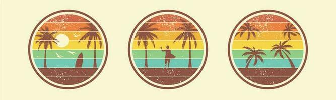 Tropical sunset. Surf and beach. Vintage beach print. Tee graphic designs. Set of vector surfing badges. For t-shirt prints, posters, and other uses.