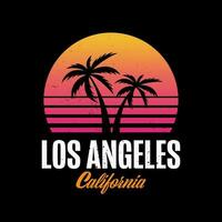 Summer Retro Wave background with palms. Tshirt Graphic with Los Angeles Theme in 80's style. Synthwave vibes for apparel print. vector