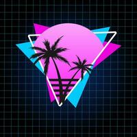 Retro Vector Illustration in 80's style for T-shirt with Palms, Grid and Sunset. Outrun aesthetic.