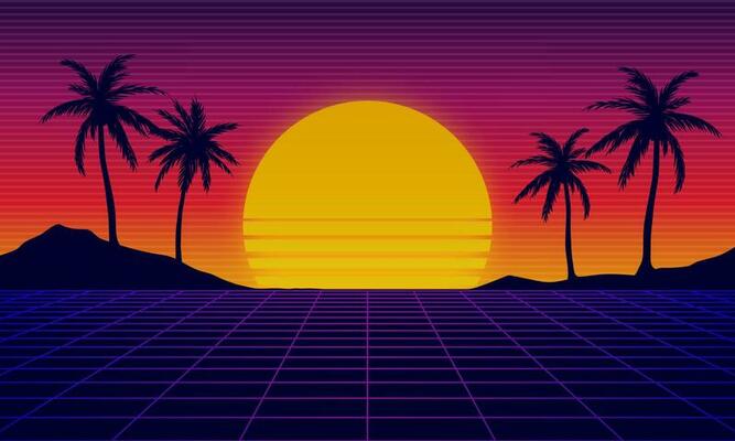 Landscape skyline with neon light grid, sun and palm trees. Sci-fi, futuristic illustration. Retrowave, synthwave or vaporwave 80's