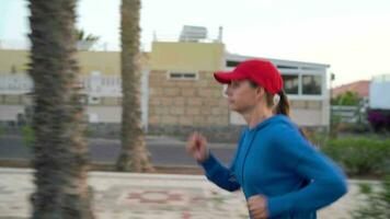 Frau mit Kopfhörer läuft Nieder das Straße entlang das Palme Allee beim Sonnenuntergang. gesund aktiv Lebensstil. schleppend Bewegung video