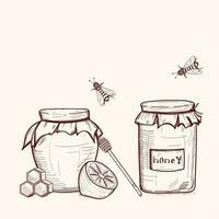 Honey jar, barrel, spoon, bee, honeycomb,vintage set. Engraved organic food hand drawn sketch illustration. vector