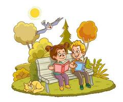 Hola otoño.dibujos animados ilustración de contento niños leyendo un libro en el parque vector