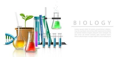 3d realistic vector illustration. Molecular bio technologies in laboratory glassware, tubes and beakers. Biology and medicine.