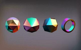 Hologram geometric shapes set. Iridescent modern 3d multicolor object.Futuristic neon gradient figures can be used for a variety of purposes,entertainment, education, and scientific visualization. vector