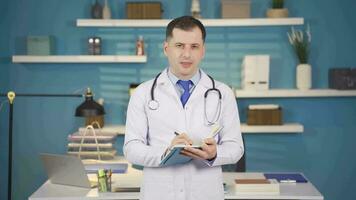 Male doctor talking to his online patient listens to his patient's complaints. Male doctor listening to patient in examination room, treatment process, doctor supervision. video