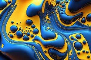 , Flowing liquid with splashes in blue and yellow color. Glossy Ukrainian flag fluid banner, 3D effect, modern macro photorealistic abstract background illustration. photo