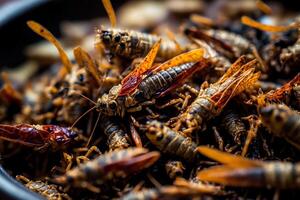 Fried edible insects on a plate. Crickets as snack, good source of protein. Entomophagy, insectivory concept. Close up view. . photo