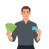 joven empresario demostración crédito tarjeta y dinero en efectivo, dinero, moneda notas en mano. exitoso persona en chaleco traje participación débito, Cajero automático tarjeta. elegante masculino personaje diseño vector