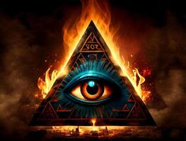 triangle with an eye inside. sign of the secret society of freemasons. the emblem of the group of conspirators. photo