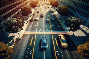 A self driving car navigating through city. Technology iot. Smart city. photo