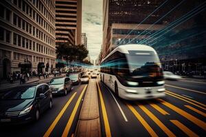 A self driving car navigating through city. Technology iot. Smart city. photo