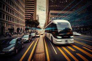 un yo conducción coche navegando mediante ciudad. tecnología iot inteligente ciudad. generativo ai foto