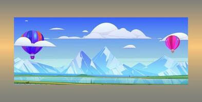 Mountain lake landscape vector illustration. Cartoon flat panorama of spring summer beautiful nature, grasslands meadow with scenic lake and mountains on horizon background with hot air ballon