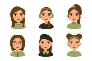 Cute girls avatar set. Cartoon character portraits collection. Isolated vector illustration