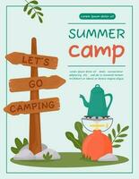 A4 poster for summer camping, travel, trip, hiking, tourist, nature, travel, picnic. Design of a poster, banner, leaflet, cover, special offer, advertisement. Vector illustration in a flat style.