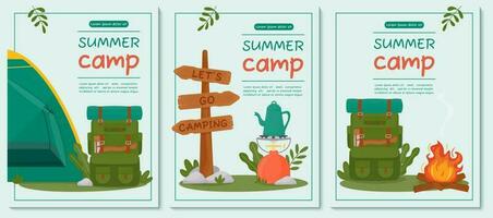 A set of posters for summer camping, travel, trip, hiking, tourist, nature, travel, picnic. Design of a poster, banner, leaflet, cover, special offer, special offer. Vector illustration.