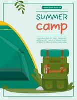 A4 poster for summer camping, travel, trip, hiking, tourist, nature, travel, picnic. Design of a poster, banner, leaflet, cover, special offer, advertisement. Vector illustration in a flat style.