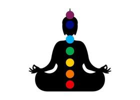Sitting Buddha silhouette in meditation with chakras. Seven chakras, energy body and Yogi meditating in the lotus position. Vector illustration isolated on white background