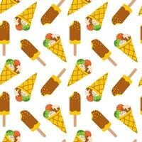 Vector seamless pattern with ice cream. Background with waffle cone with scoops of ice cream and ice cream on chocolate glaze on stick. Pattern with summer desserts.
