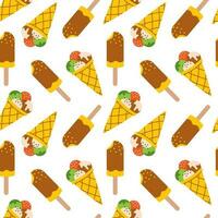 Vector seamless pattern with ice cream. Background with waffle cone with scoops of ice cream and ice cream on chocolate glaze on stick. Pattern with summer desserts.