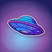 UFO with lights flying on the space background. Alien space ship. Sticker in cartoon style with contour. Futuristic unknown flying object vector