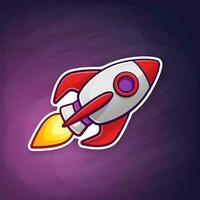 Rocket space ship with a flame from a turbine flying on the space background. Sticker in cartoon style with contour. Concept of business startup vector