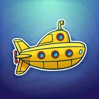 Submarine floating deep underwater. Sticker in cartoon style with contour. Yellow bathyscaphe with periscope and portholes vector