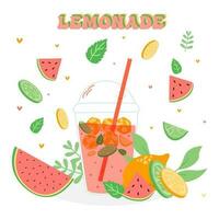 Lemonade and watermelon drink in a jug and a glass with slices of lemon and ice. vector illustrator