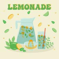 limonada y bebida en un jarra y un vaso con rebanadas de limón y hielo. vector ilustrador