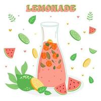 Lemonade and watermelon drink in a jug and a glass with slices of lemon and ice. vector illustrator