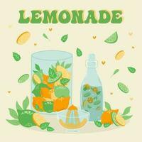 limonada y bebida en un jarra y un vaso con rebanadas de limón y hielo. vector ilustrador