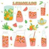limonada y sandía bebida en un jarra y un vaso con rebanadas de limón y hielo. vector ilustrador