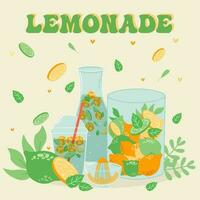 limonada y bebida en un jarra y un vaso con rebanadas de limón y hielo. vector ilustrador