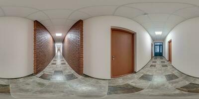 full seamless spherical hdri 360 panorama in interior of long empty corridor room in modern apartments, office with many wooden doors and brick walls in equirectangular projection photo