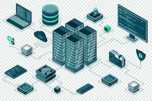 Computer technology isometric illustration. Computation of big data center. Cloud computing. Online devices upload and download information. Modern 3d isometric vector illustration