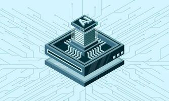 Artificial intelligence micro chip illustration. Quantum computing. Artificial intelligence computer. Isometric machine programming. Vector illustration
