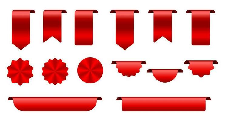 Sale and new label collection set. Red ribbons banner. Glossy silky ribbon. Set of ribbon. Shopping tags. Sale icons. Vector illustration