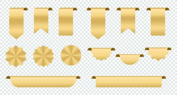 Sale and new label collection set. Gold ribbons banner. Glossy silky ribbon. Set of ribbon. Shopping tags. Sale icons. Vector illustration