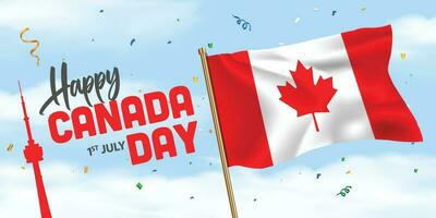 banner for celebration of Happy 1st July Canada Day background with canda flag, confetti and CN Tower vector