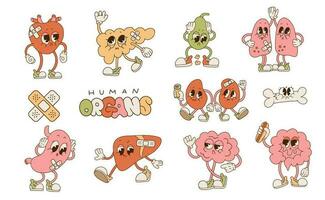 Cute retro cartoon style unhealthy sick human internal organ characters set with brain, lung, intestine, bone, heart, kidney, liver and stomach mascots. Vector disease anatomy isolated illustration