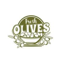 Green olives bowl, tree branches and leaves icon vector