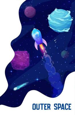 Space landing page. Cartoon rocket in galaxy