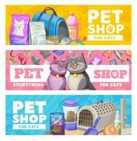 Pet care banners, cat care items and toys vector