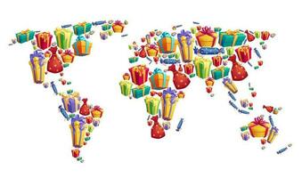 Gift boxes and presents world map shape, wrappers vector