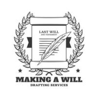 Last will, testament drafting notary service icon vector