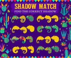 Mexican chameleon silhouettes, shadow match riddle vector