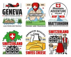 Switzerland travel, Swiss alps mountain, map, flag vector
