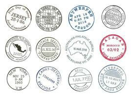 Postage service, mail post delivery ink stamps vector