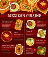 Mexican cuisine dishes menu, Mexico food meals vector